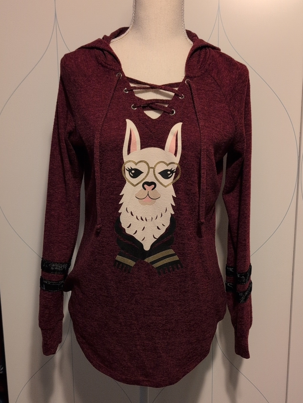 4/$20 No Boundaries Burgundy Lace-Up Hoodie with Llama Graphic